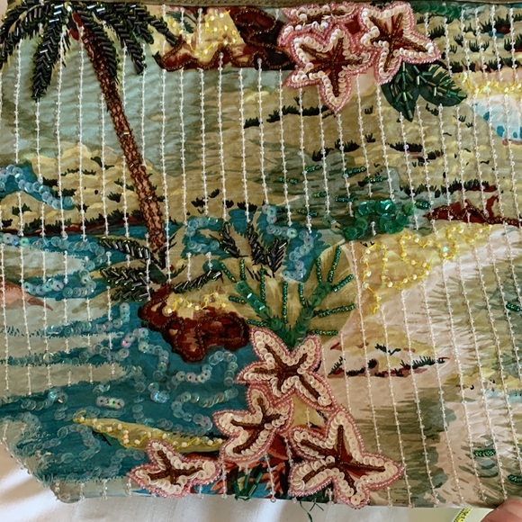 Vintage Christy sequin beaded beach motif tote handbag purse with gold lining - Picture 10 of 10